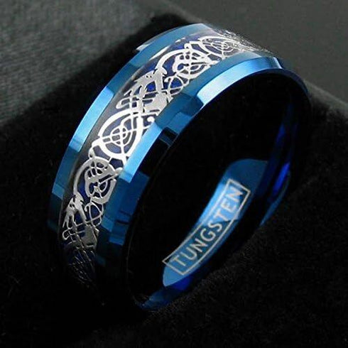 Men 8mm Beveled Edge Comfort-Fit Blue Silver Celtic Dragon Tungsten Wedding Band